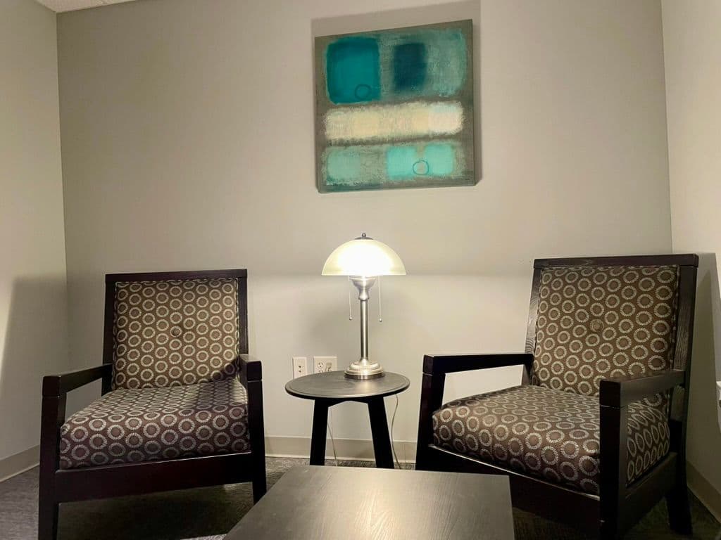Waiting room chairs and table